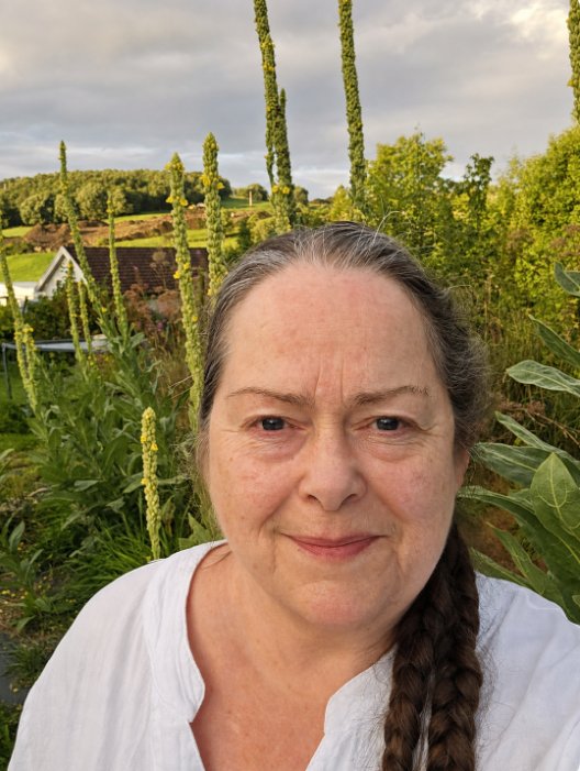 María in her garden at Falkasete, with tall yellow mullein plants behind her