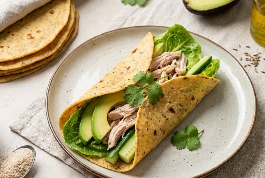 Bløde krydderurtetortillas af mandelmel med avokado og salat, et Ketogeni keto-brød