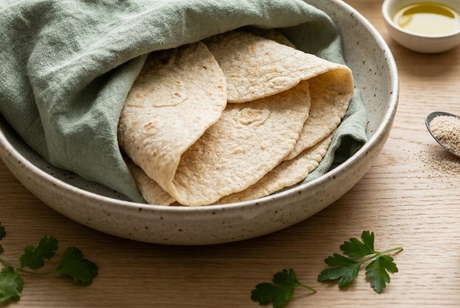 Mëll Mandel- & Flohsamenschuelen-Tortillas, e Ketogeni-Keto-Brout