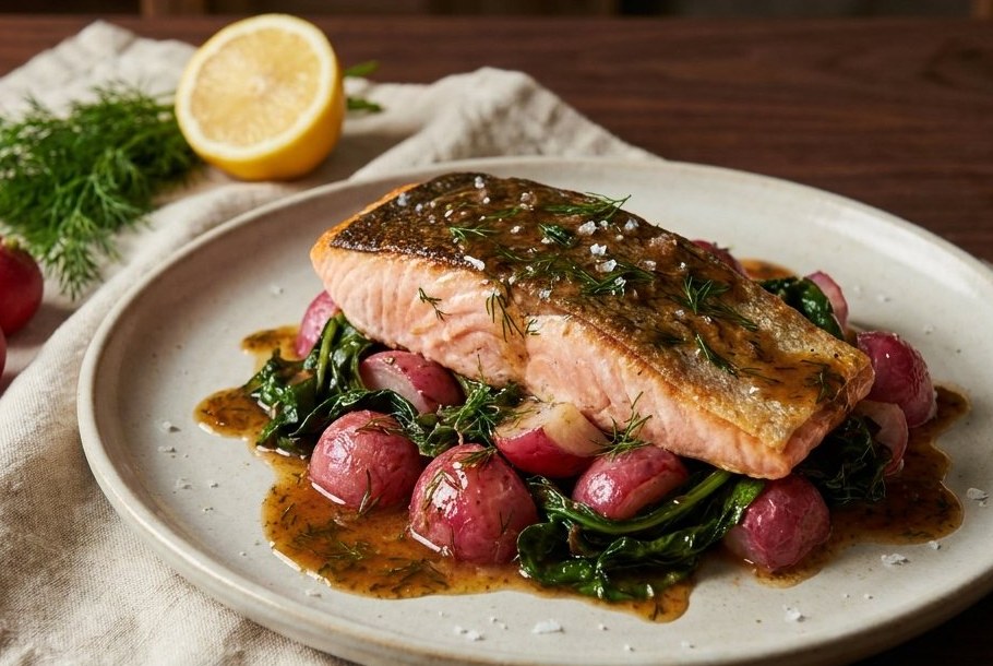 Arctic Char with Brown Butter, Dill & Butter-Braised Radishes, a Ketogeni keto dinner