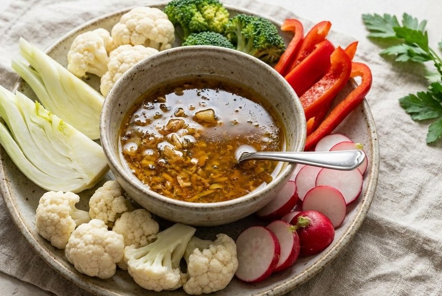 Bagna Cauda: Varm ansjos-hvidløgsdip med crudités, en ketosnack fra Ketogeni