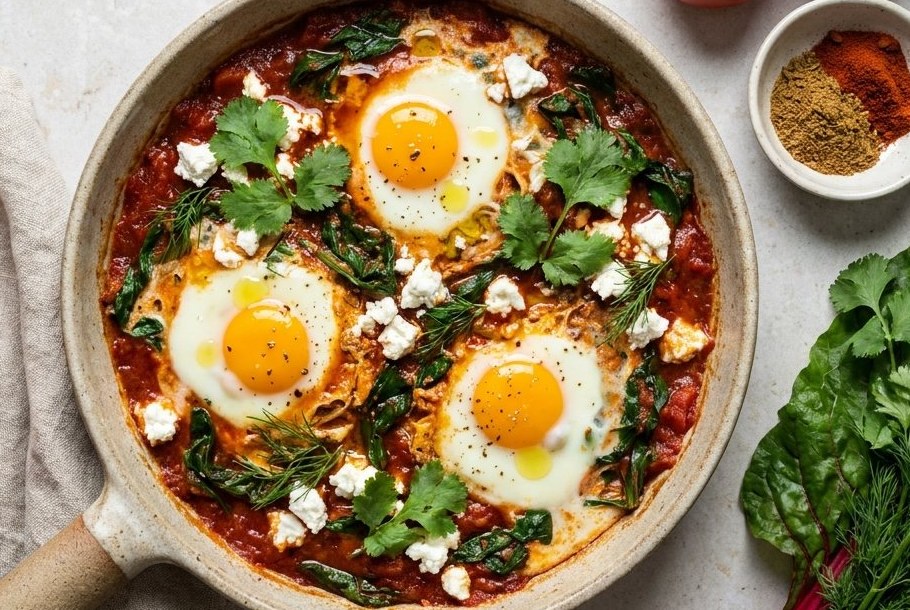 Ovnbagte æg i krydret tomatsauce og bladgrønt (shakshuka-stil), en ketomiddag fra Ketogeni