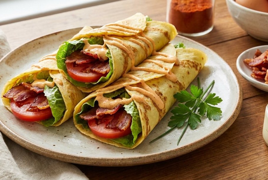 BLT-Wraps mat gefëmmter Mayonnaise, e Ketogeni Keto-Mëttegiessen