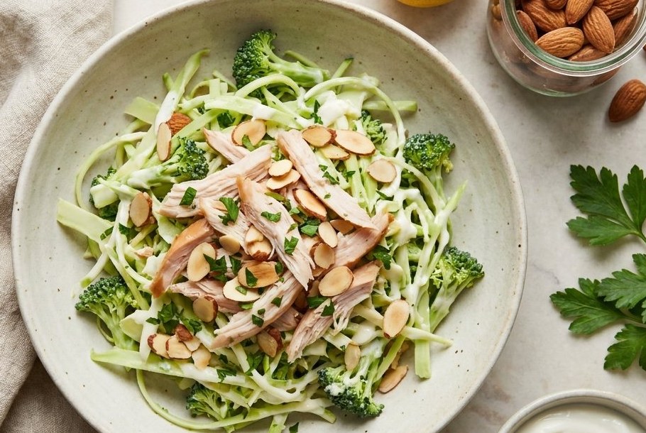 Raw Broccoli Slaw with Lemon Yogurt & Smoked Chicken, en Ketogeni keto-frokostret