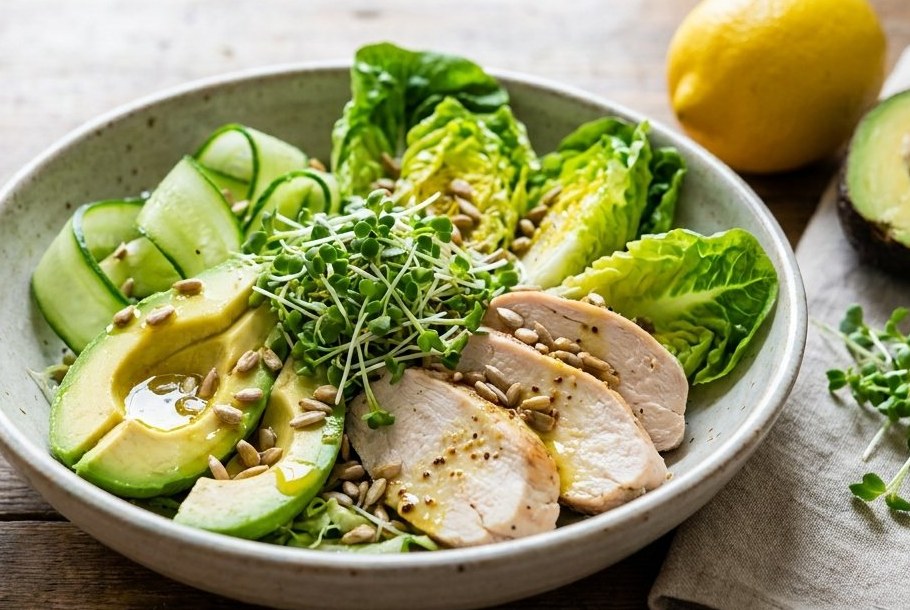 Broccoli Sprout, Avocado & Lemon Salad with Chicken, a Ketogeni keto lunch dish