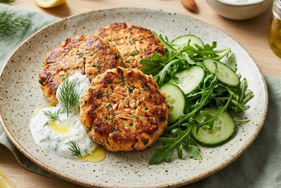 Laksefrikadeller med dildyoghurt (calciumrige), en Ketogeni keto-frokostret