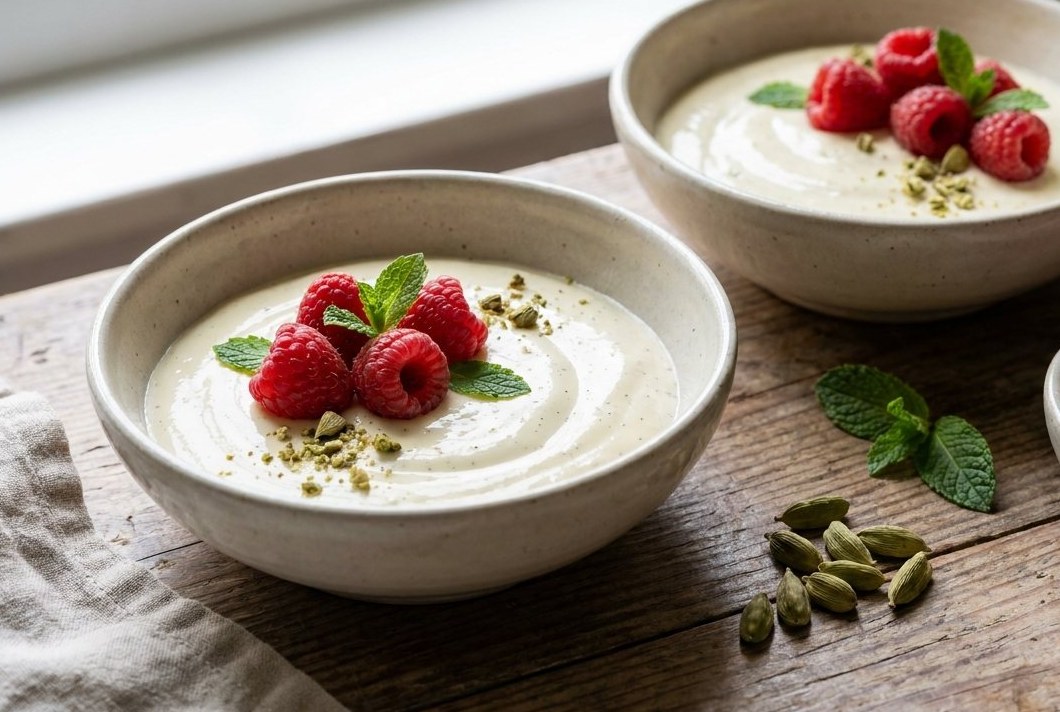 Cardamom Panna Cotta with Raspberries, a Ketogeni keto dessert