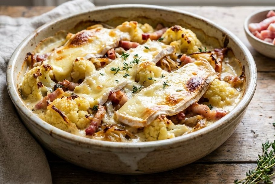 Blomkålstartiflette med reblochon og bacontern, en keto-aftensmad fra Ketogeni