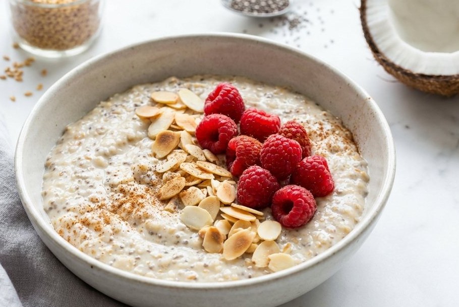 Chia & Flax Coconut Porridge with Raspberries, a Ketogeni keto breakfast