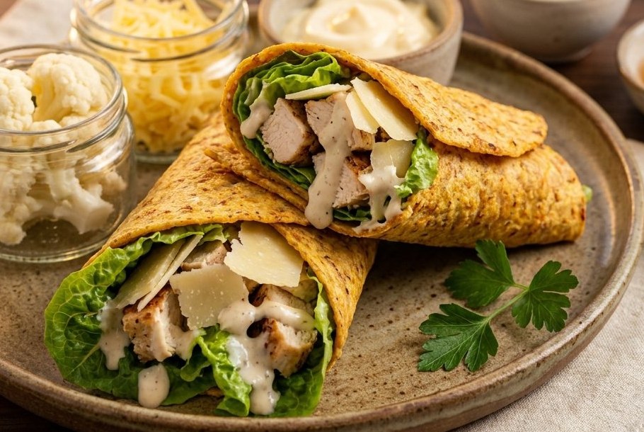 Hénger-Caesar-Wraps, e Ketogeni Keto-Mëttegiessen