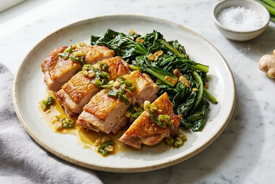 Chicken Thighs with Ginger-Scallion Sauce & Mustard Greens, a Ketogeni keto dinner