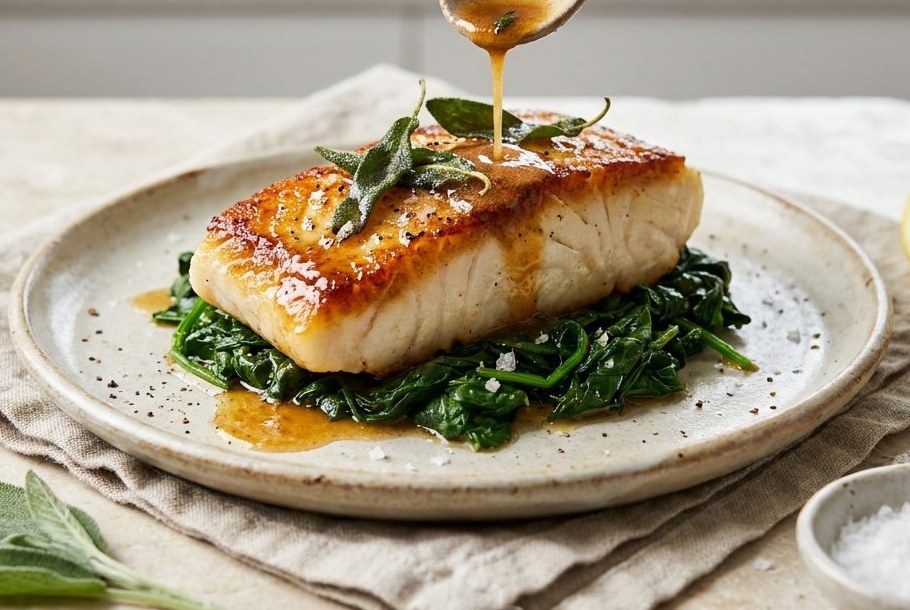Pan-Roasted Cod with Sage Brown Butter & Garlic Spinach, a Ketogeni keto dinner