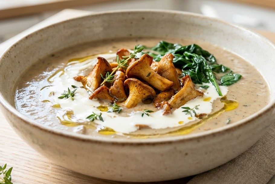Cream of Mushroom & Thyme with chanterelles and wilted greens