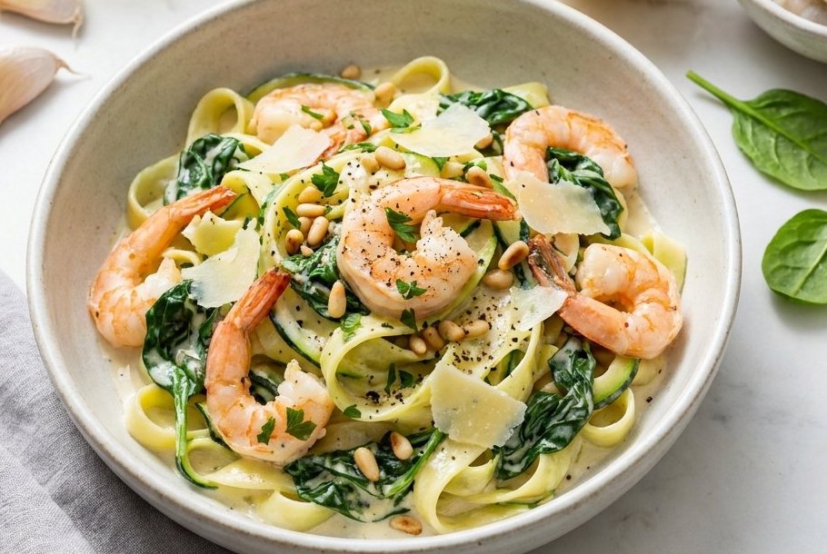 Cremet citron-hvidløgs-fettuccine af squash med rejer, en keto-aftensmad fra Ketogeni