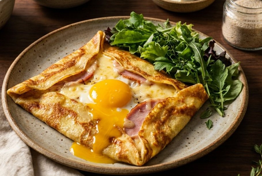 Crêpes Complètes mat Ham, Gruyère & Ee, e Ketogeni Keto-Kaffi