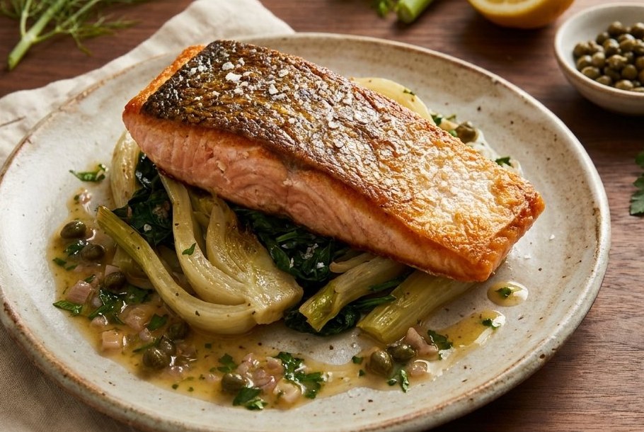 Laks med sprødt skind, citron-kapers piccatasauce samt braiseret fennikel og grønt, en keto-aftensmad fra Ketogeni