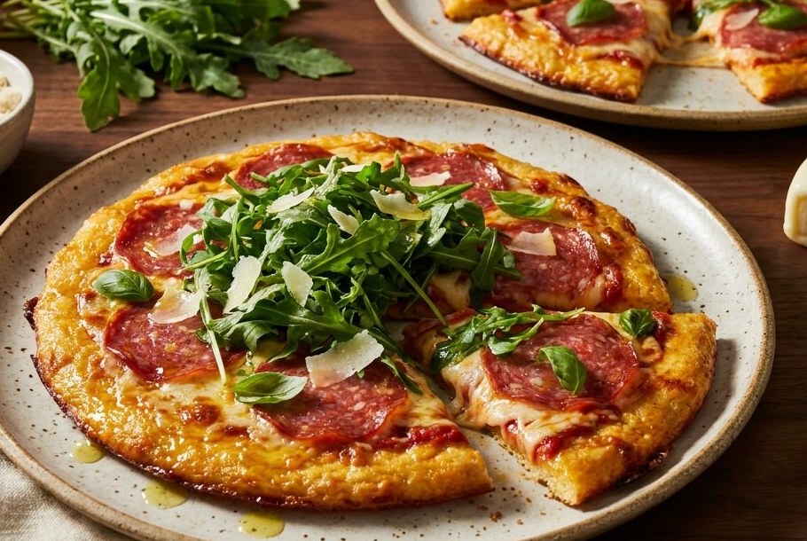 Fathead-pizza med citronfrisk rucolakrone, en Ketogeni-ketonadver