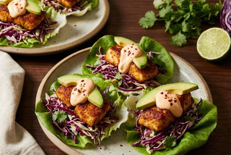 Sprøde fisketacos i salatblade med limeslaw, en keto-aftensmad fra Ketogeni