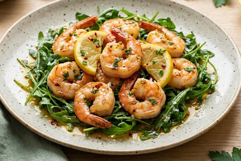 Garlic-Chilli Prawns on Warm Wilted Rocket, a Ketogeni keto dinner
