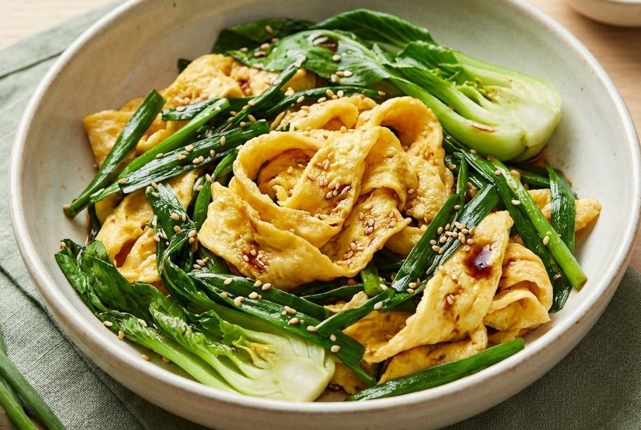 Wok med kinesisk purløg, æg og sesamgrønt, en Ketogeni keto-aftensmad