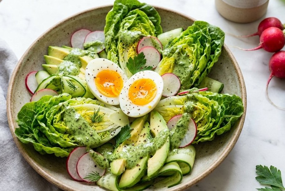 Sprød Little Gem-salat med Green Goddess, radiser & smilende æg, en keto-frokostret fra Ketogeni