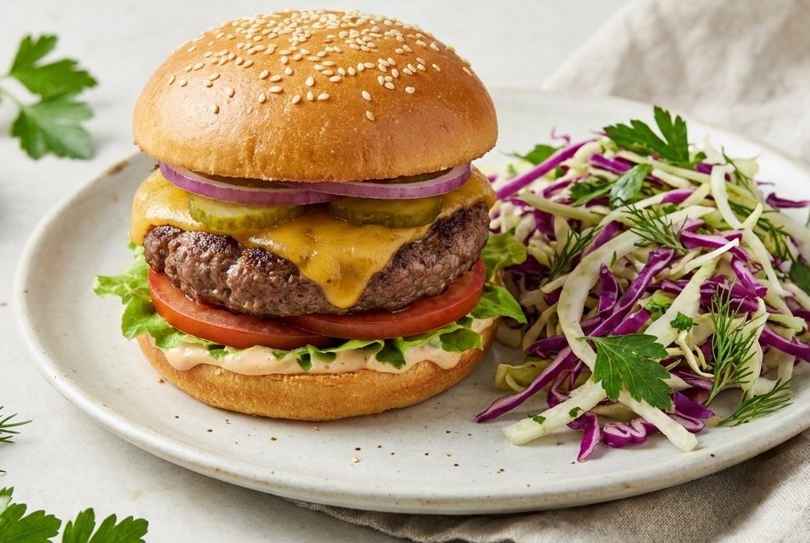 Gourmetburger med sesambolle og sprød kålsalat, en Ketogeni keto-aftensmad