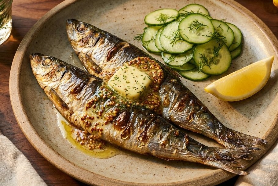 Grillede hele sild med sennepssmør, en Ketogeni keto-aftensmad