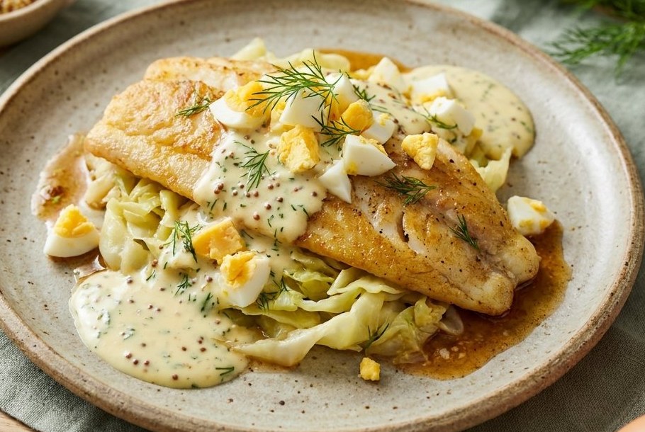 Schellfësch mat Moschterzooss, Ee & brongem Botter, e Ketogeni Keto-Dinner