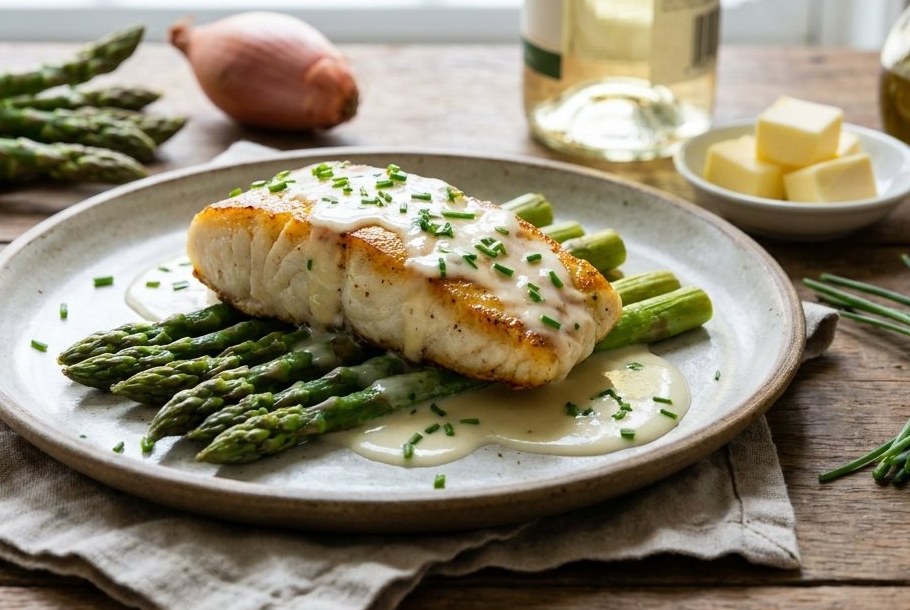 Hellegbutt mat Beurre blanc & Spargelen, e Ketogeni Keto-Dinner