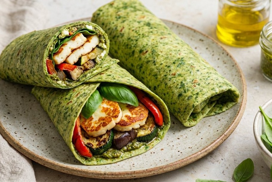 Halloumi- & geréischte Geméis-Wraps, e Ketogeni Keto-Mëttegiessen