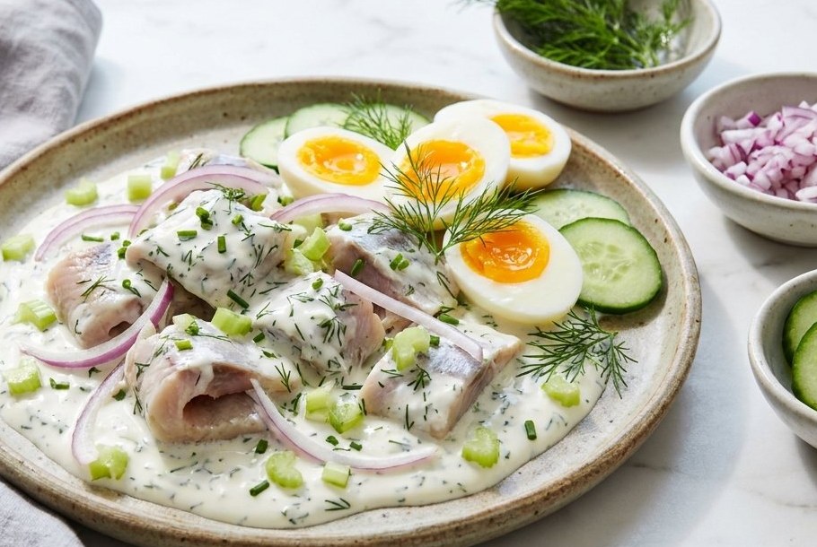 Sild i cremefraiche med dild & rødløg, en Ketogeni keto-frokostret