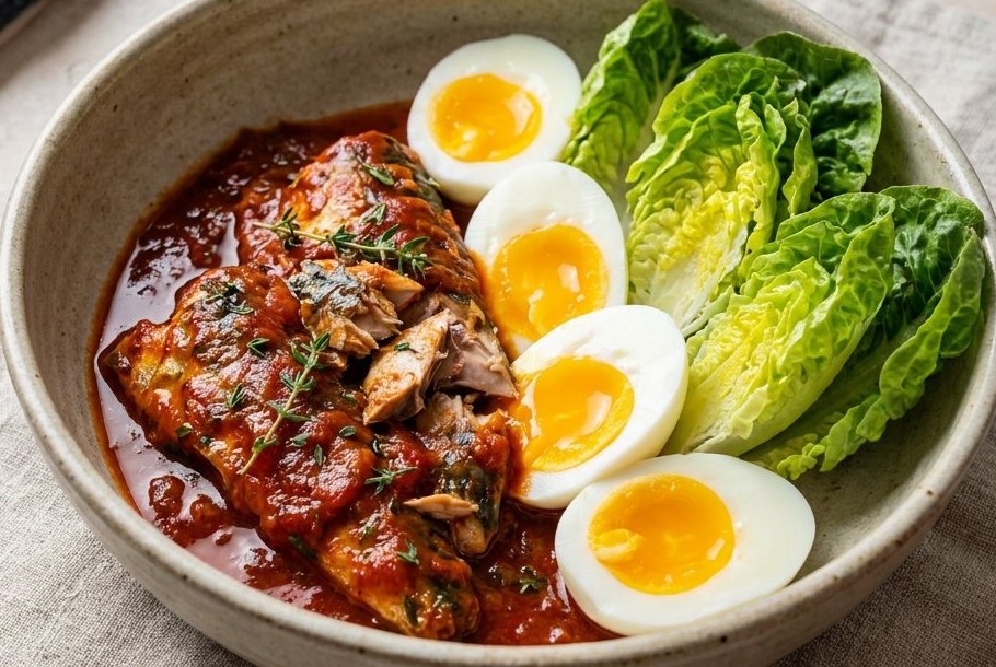 Hjemmelavet makrel i tomat, en Ketogeni keto-frokostret