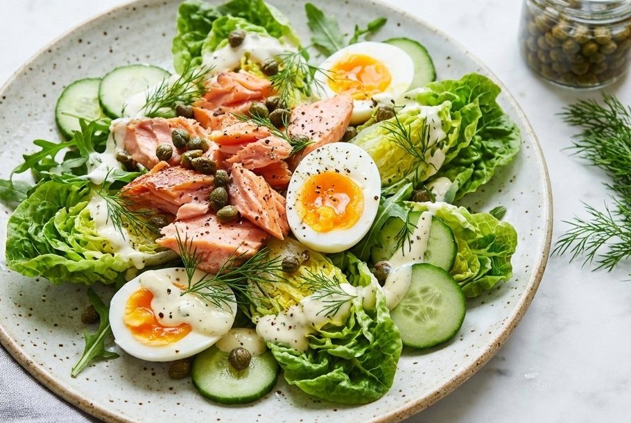 Warm gefëmmte Saumon-, Eeër- a Kaperszalot, e Ketogeni Keto-Mëttegiessen