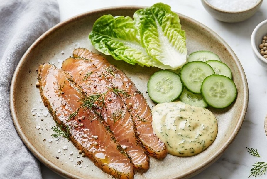 Gravad laks med dild-sennepssauce (sukkerfri gravning), en Ketogeni keto-frokostret
