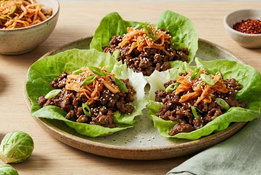 Korean Beef Lettuce Wraps with Quick Brussels Sprout Kimchi, a Ketogeni keto dinner