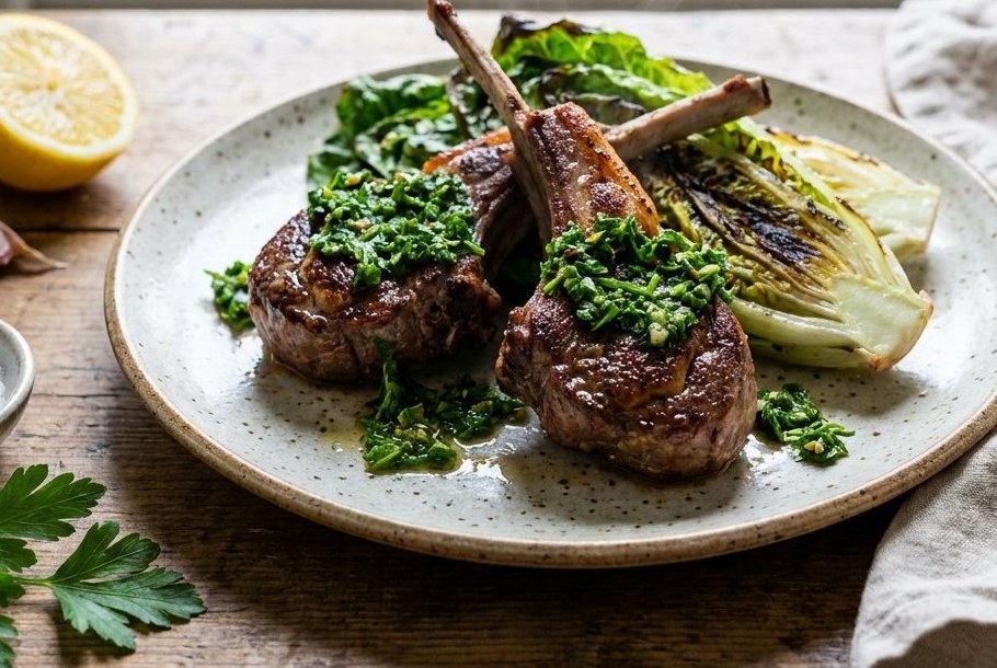Lamb Chops with Gremolata & Charred Cos Lettuce, a Ketogeni keto dinner