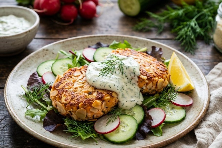 Lemon-Dill Salmon Cakes with Cucumber & Radish, a Ketogeni keto lunch dish