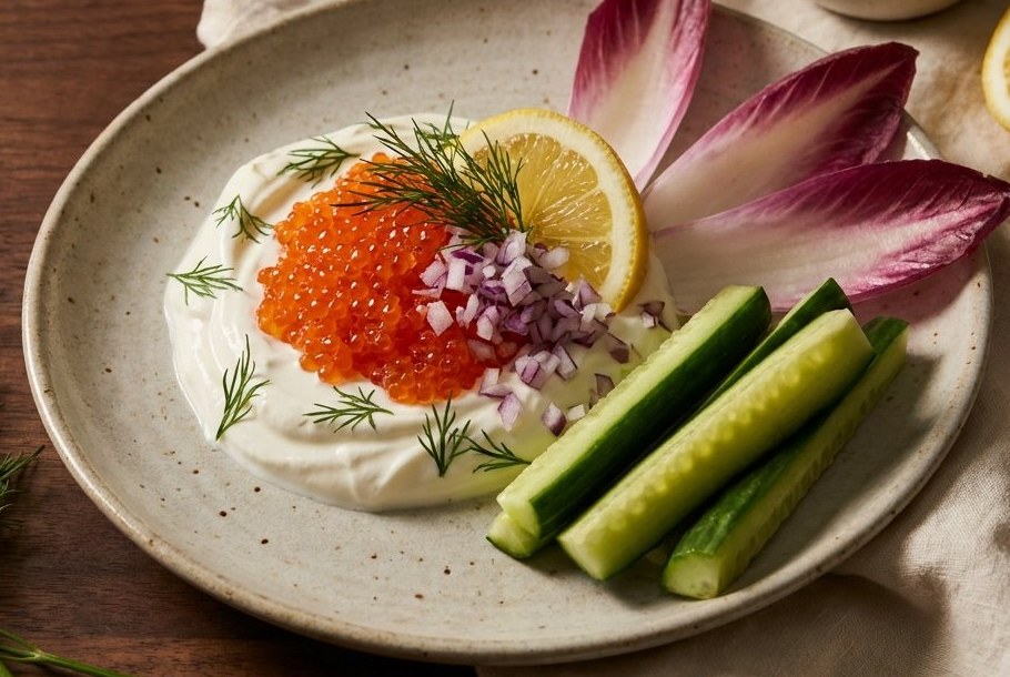 Stenbiderrogn med cremefraiche, rødløg og dild, en Ketogeni keto-snack