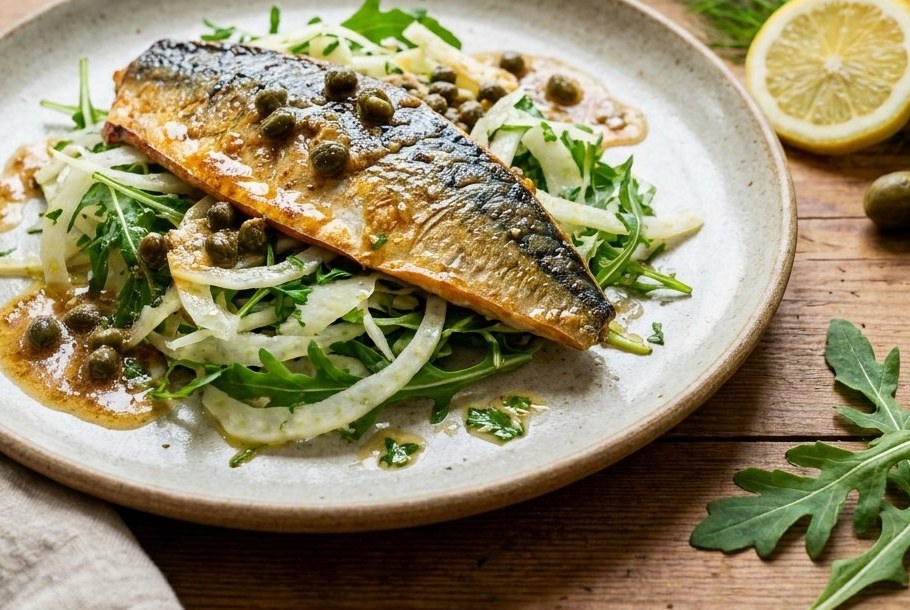 Makrel med brunet smør, kapers og høvlet fennikel, en Ketogeni keto-aftensmad