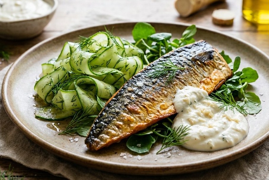 Crisp Mackerel with Horseradish Cream & Cucumber-Dill Salad, a Ketogeni keto dinner