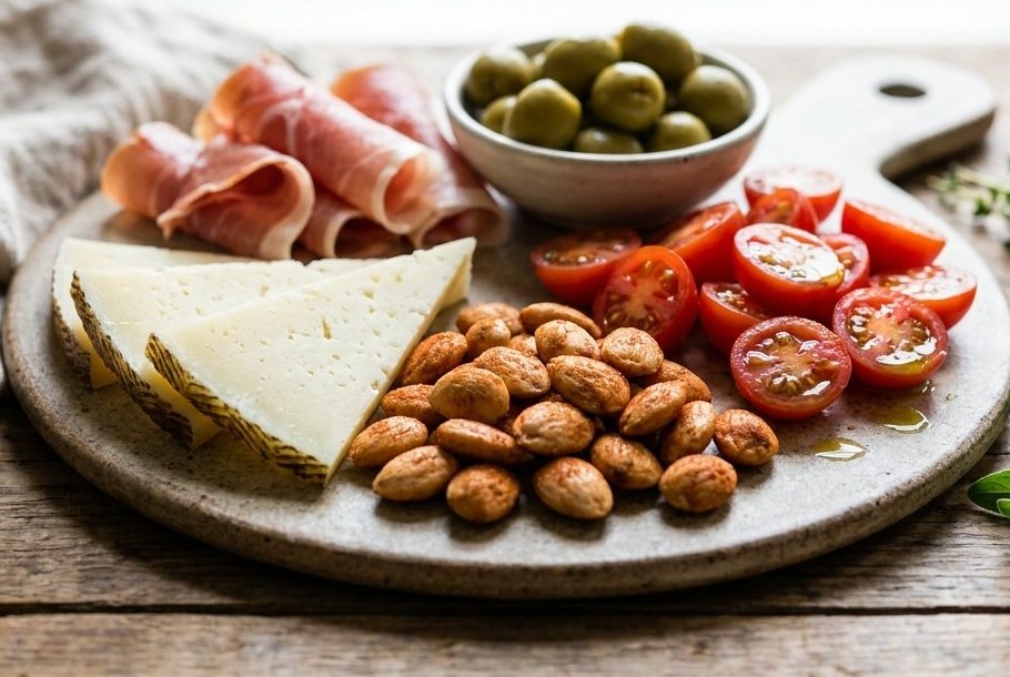Manchego-, Serrano- & Marcona-Mandel-Tapas-Plat, e Ketogeni Keto-Snack