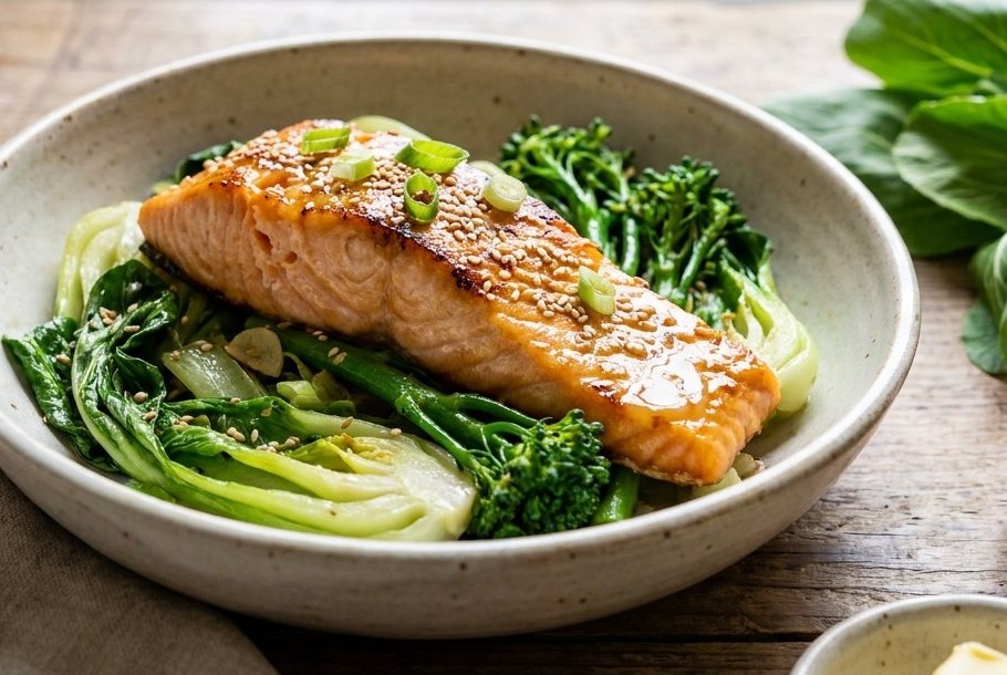 Miso-smørristet laks med sesamgrønt, en Ketogeni keto-aftensmad