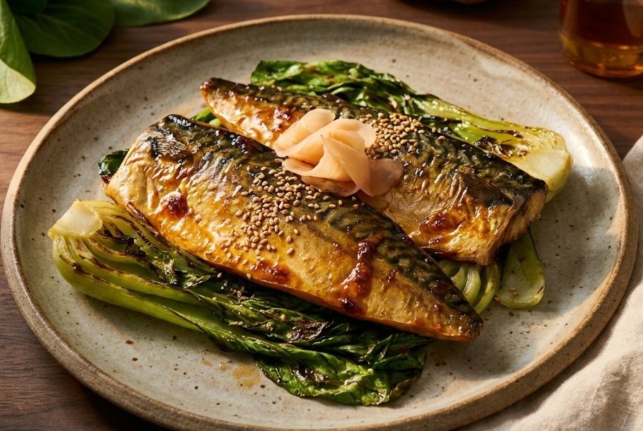Miso-Glazed Mackerel with Charred Pak Choi、Ketogeniのケトディナー