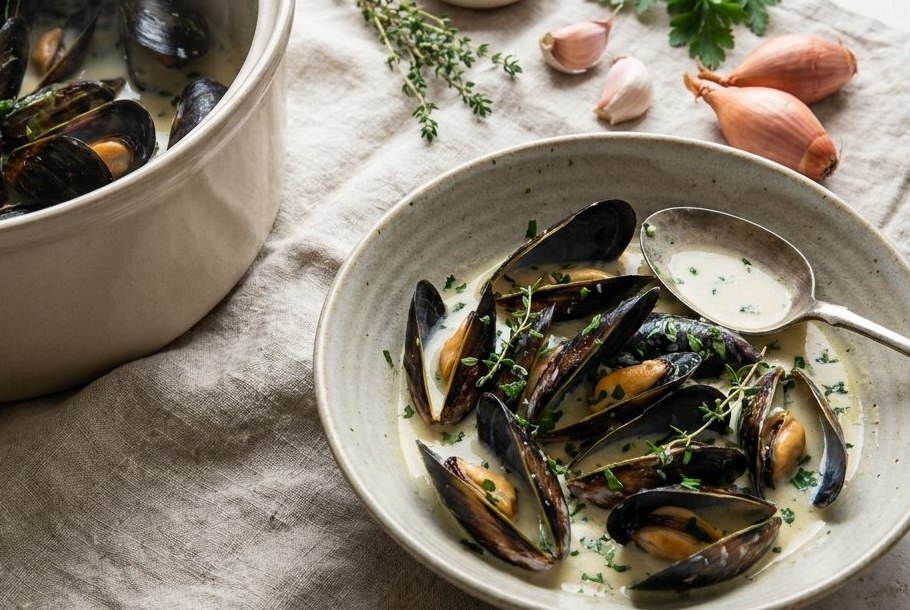 Moules Marinière med fløde og persille, en Ketogeni keto-aftensmad
