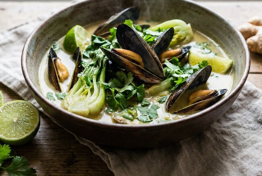 Muslinger i kokos- og grøn karrysuppe, en Ketogeni keto-aftensmad