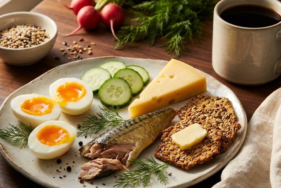 Nordic Breakfast Plate: Eggs, Smoked Mackerel, Cucumber & Seed Crackers, a Ketogeni keto breakfast