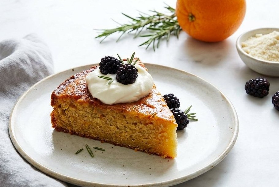 Orangen-Rosmaräin-Mandlekuch mat Mascarpone-Crème, e Ketogeni Keto-Dessert