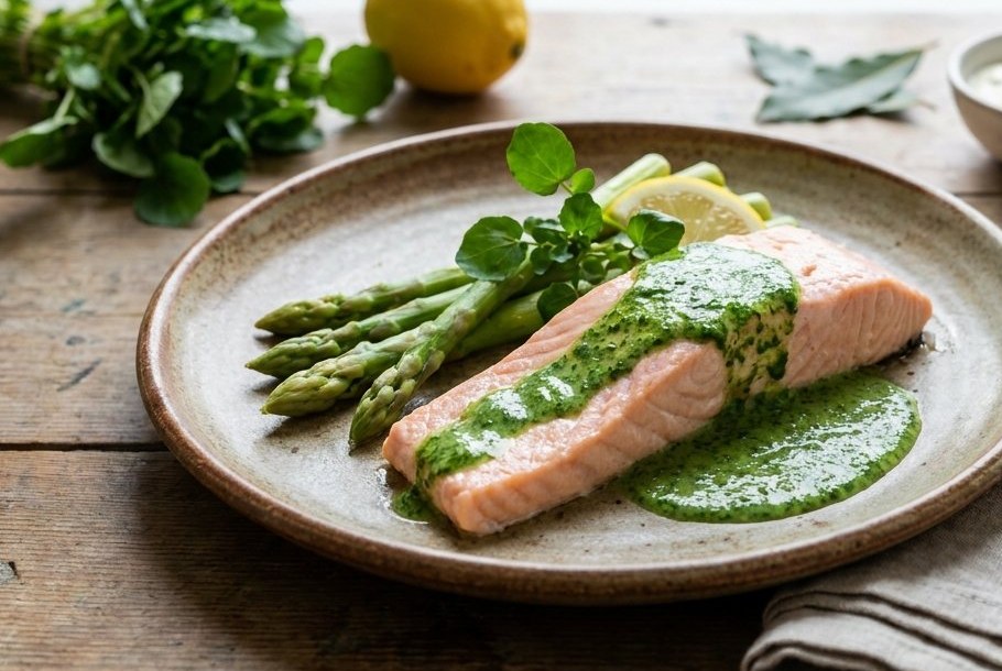 Pocheret laks med brøndkarresauce, en Ketogeni keto-aftensmad