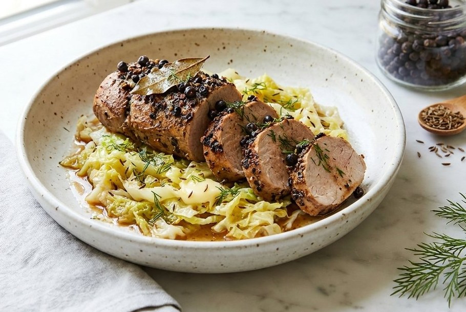Juniper-Rubbed Pork Tenderloin with Buttered Caraway Cabbage, a Ketogeni keto dinner
