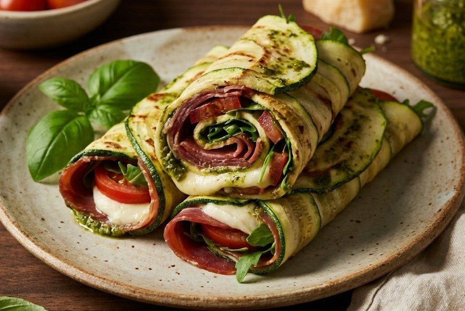 Wraps med prosciutto, mozzarella og pesto, en Ketogeni keto-frokostret